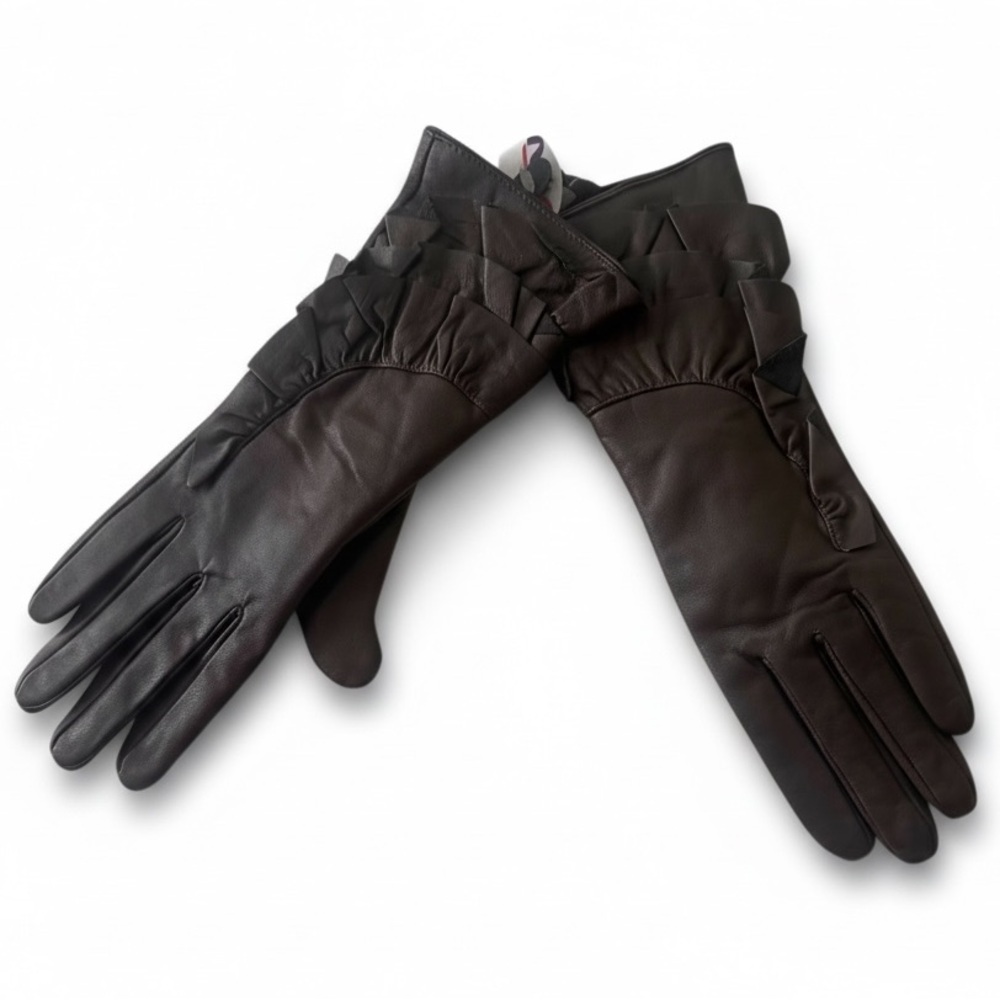 Nicci NEW Ruffles Trim Long Leather Gloves Fleece Lined Warm Elegant Grey Cozy 8